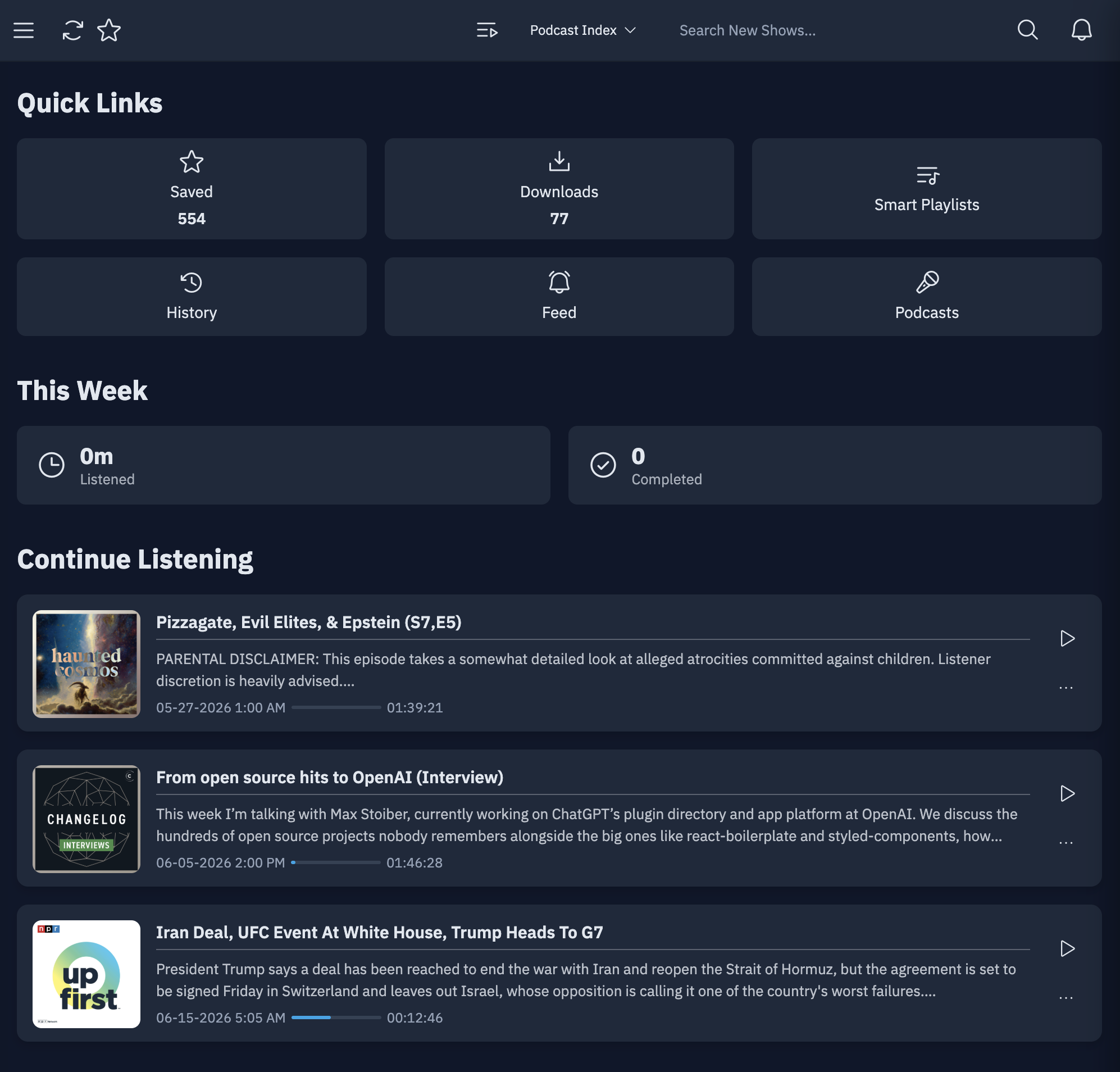 The PinePods home dashboard